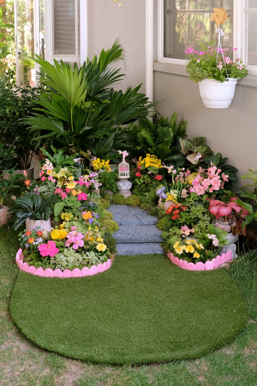 Small fairy garden designed with an open center and colorful tropical borders