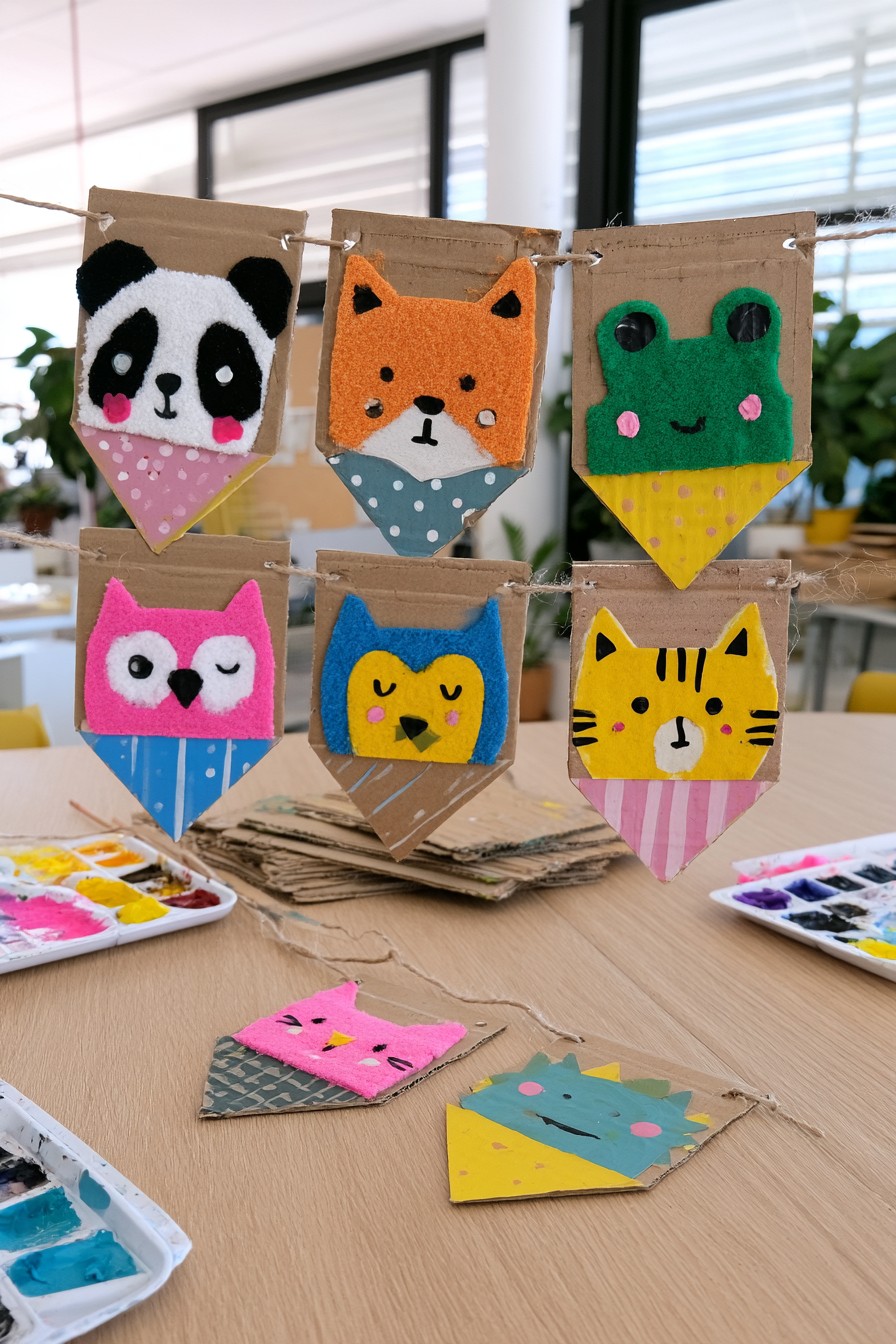 Recycled cardboard pennants decorated with animal faces for a classroom garland