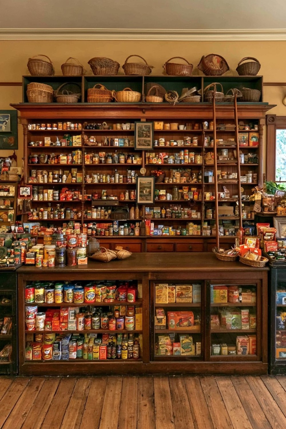 High-level general store storage organized with woven baskets