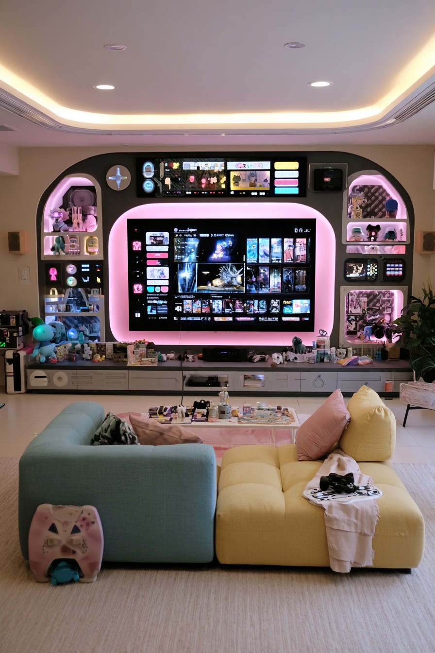 Rounded dark media wall with pink lit display niches and a multicolored sectional sofa