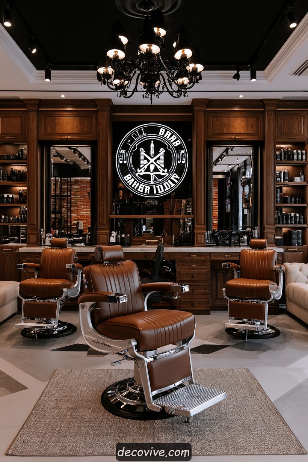 Barber studio interior designed with dark oak and cream finishes