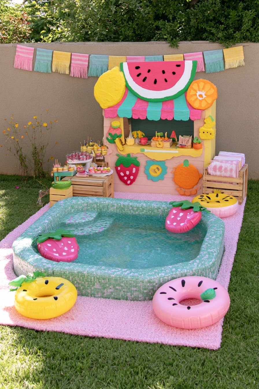 Fruit market pool scene with a watermelon-shaped stall, fruit panels, and baskets