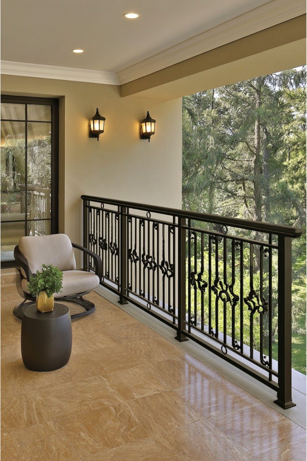 Balcony railing with a rounded handrail and softly curved balusters