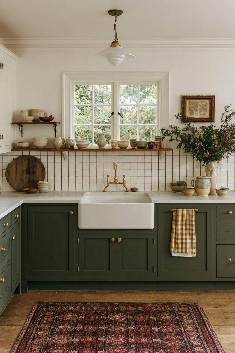 Slim shelf across a cottage kitchen window holding useful pieces