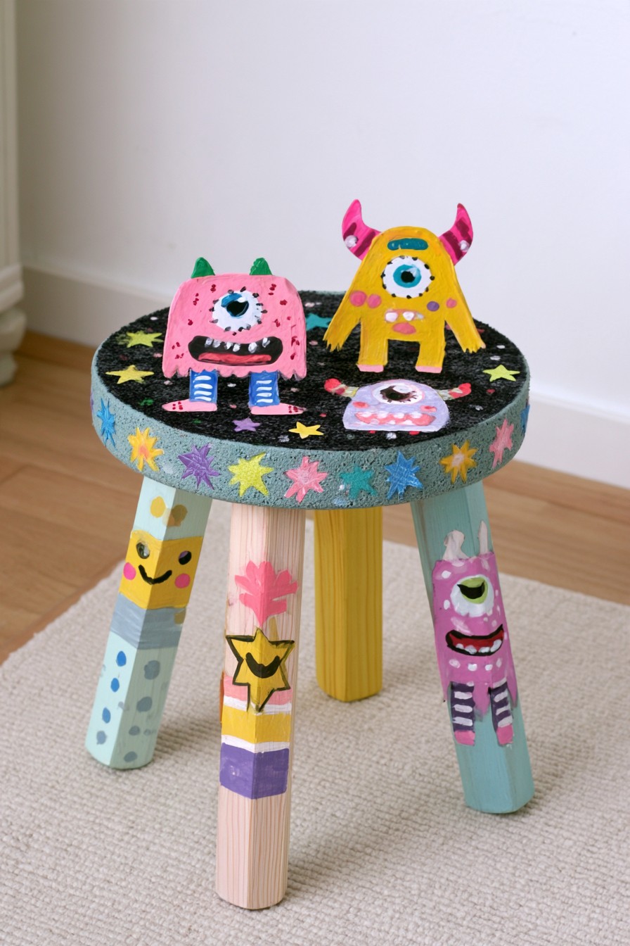 Painted wooden stool with patterned legs and separate raised monster figures on its seat