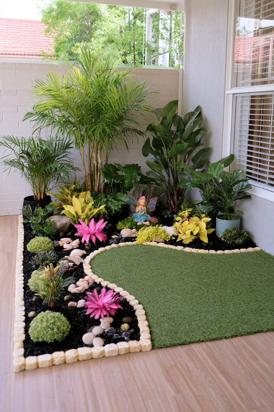 Covered courtyard with tropical plants colorful bromeliads and a fairy accent