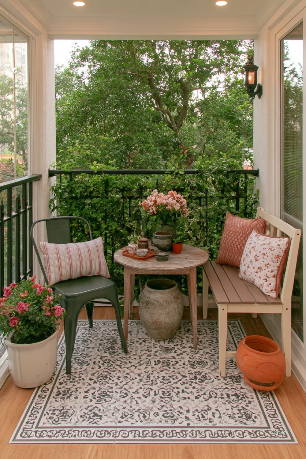 Vintage inspired balcony with collected furniture and aged finishes