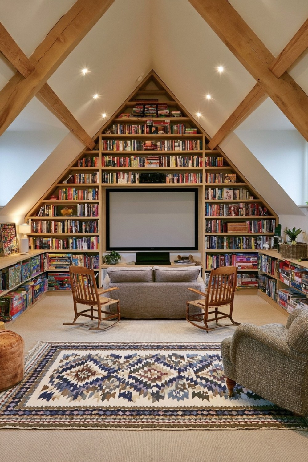 Attic library incorporating a concealed projector cinema