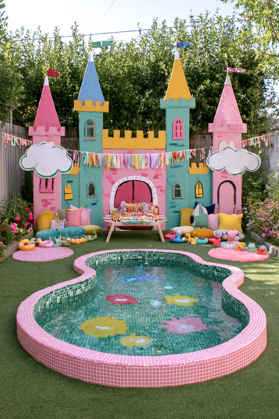 Pastel pool in front of a fairytale castle backdrop with turrets and cloud decorations