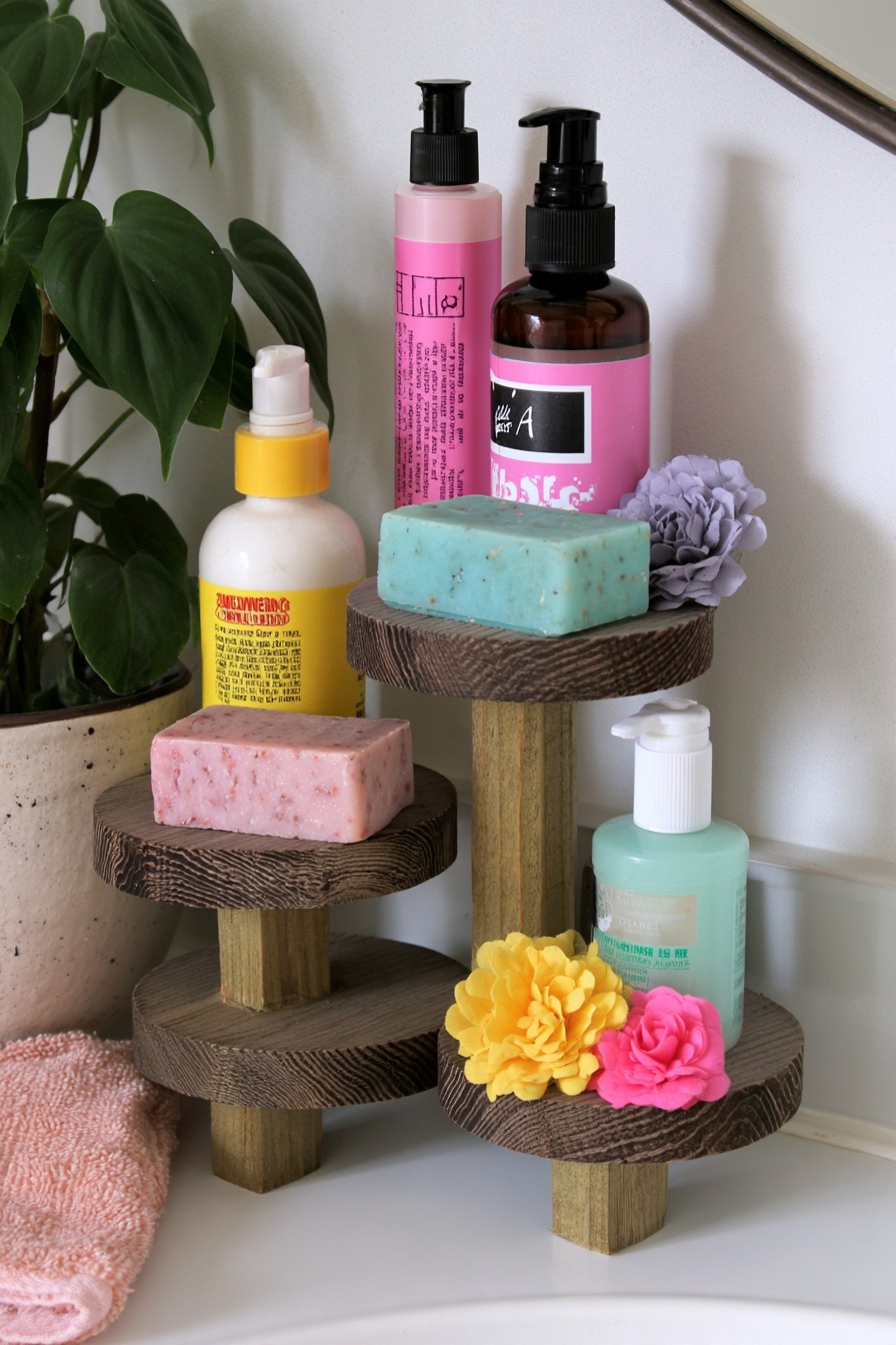 Tiered wooden bathroom organizer holding soaps and toiletries