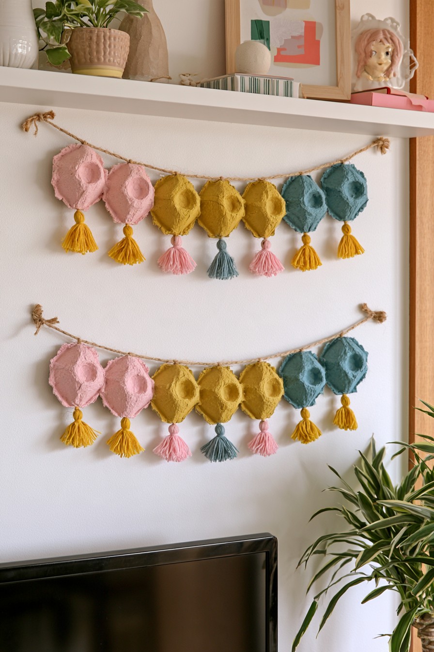 Painted egg carton tassel garland made from colorful recycled cardboard pieces