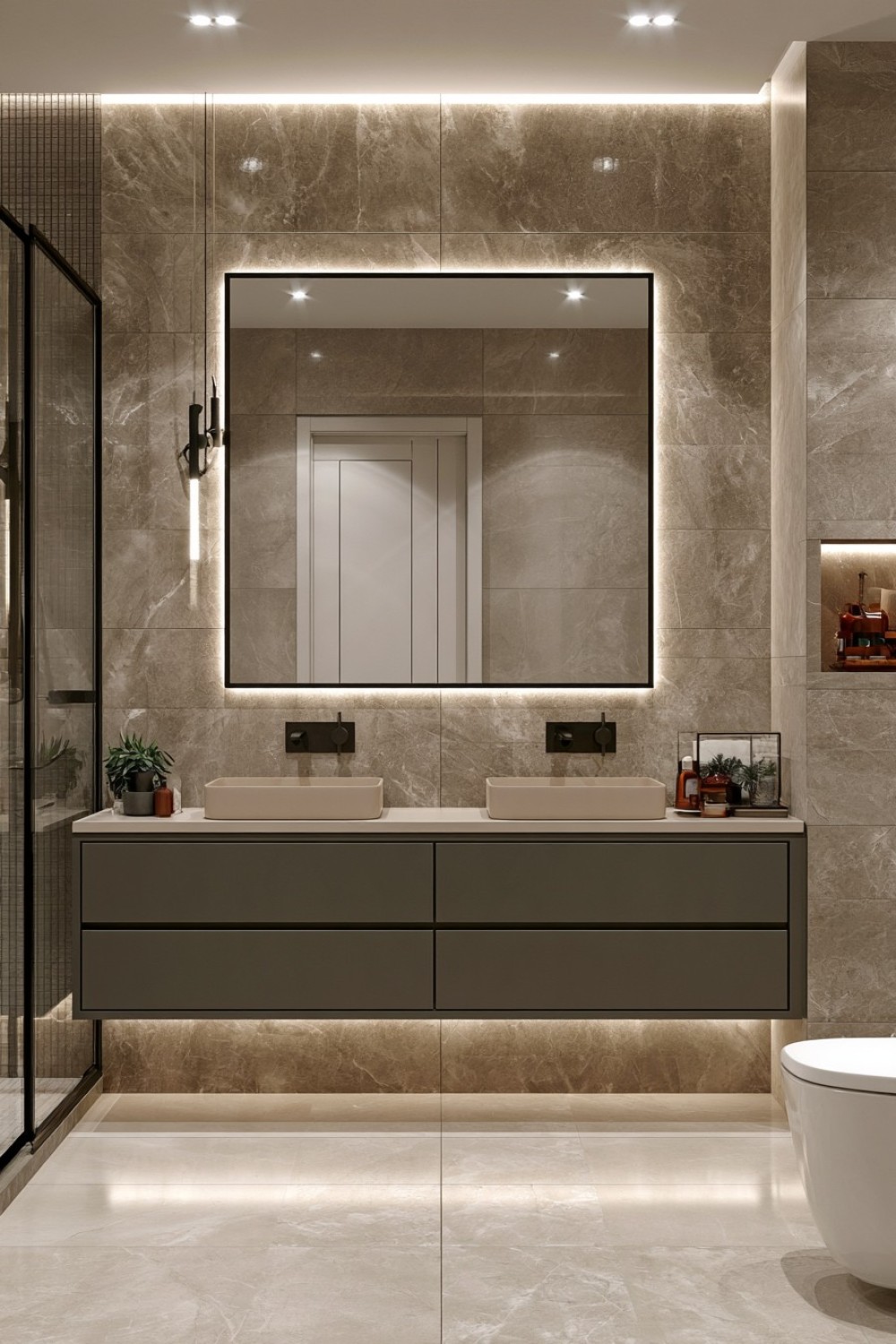 Minimal contemporary bathroom decorated in black and warm cream