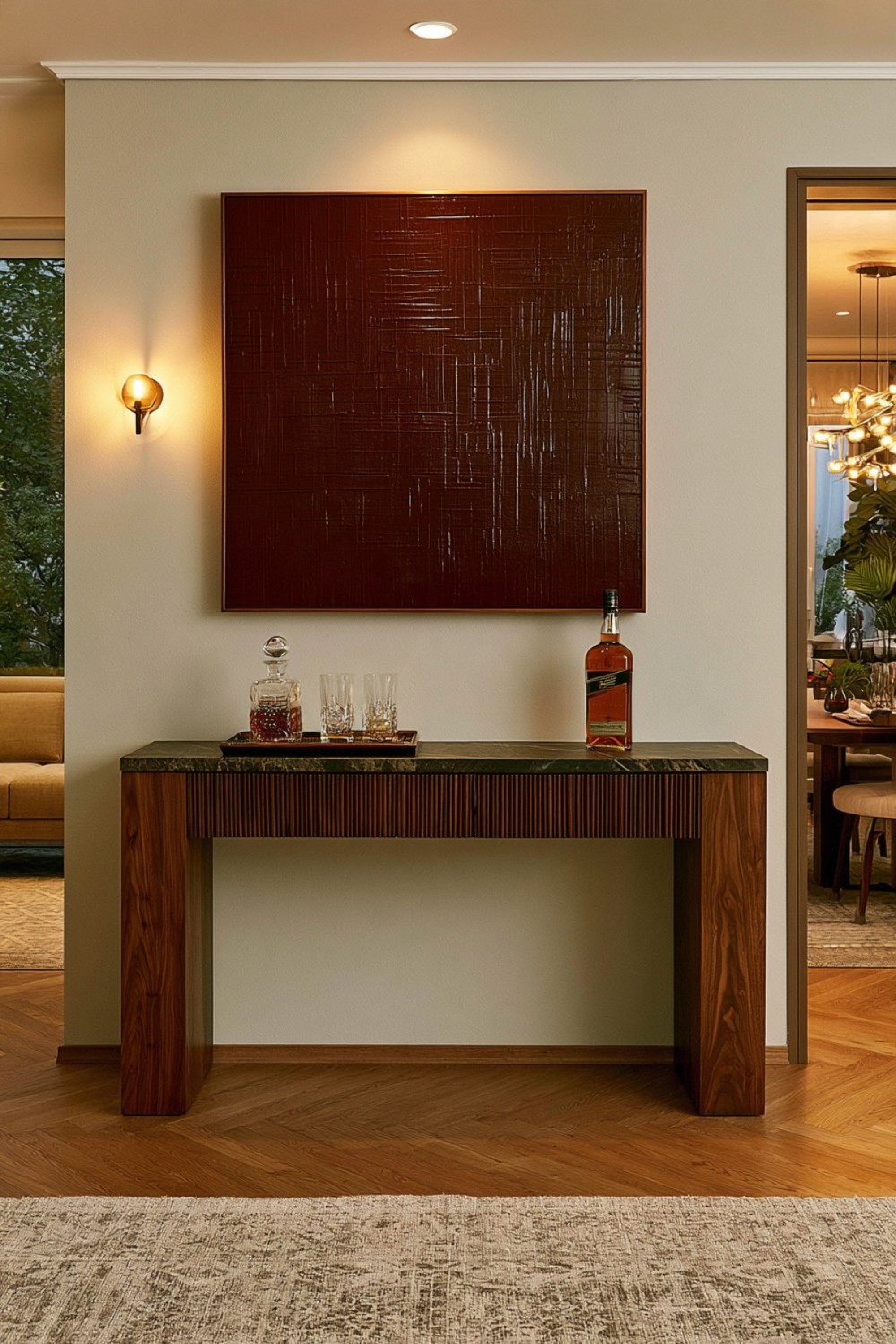 7. Oversized Artwork Above A Restrained Bar Table