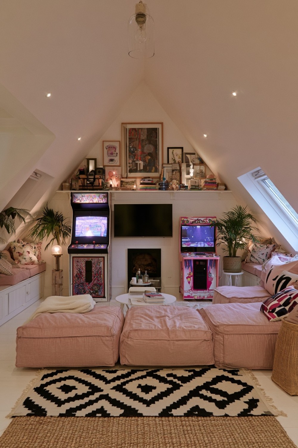 Compact home arcade arranged at one end of an attic