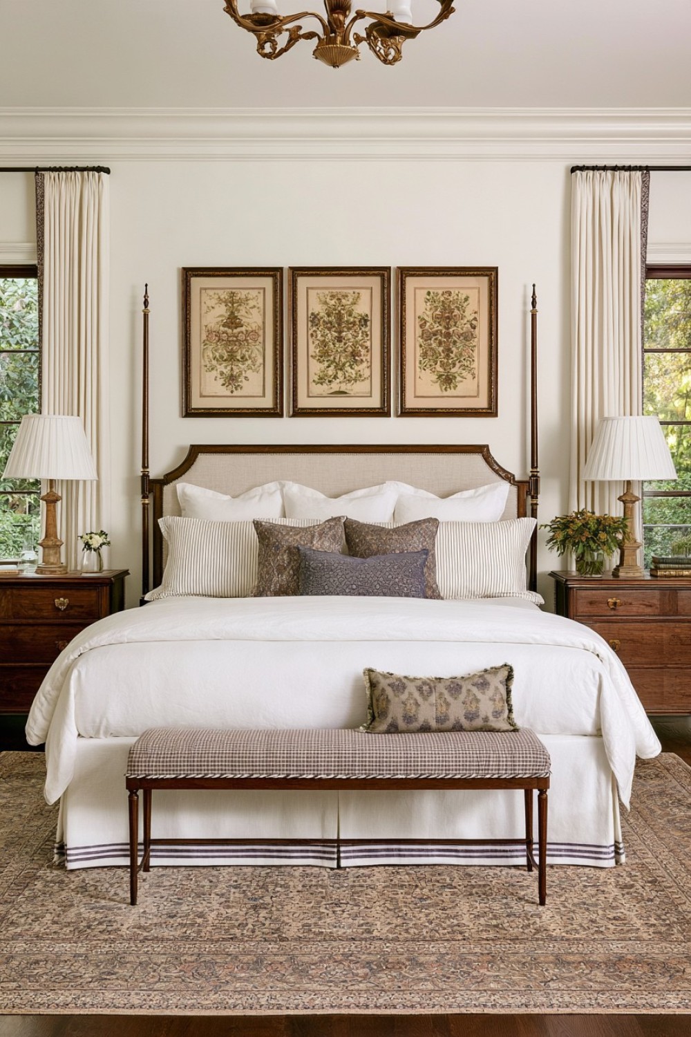 Tailored bed valance with coordinating trim in a traditional bedroom