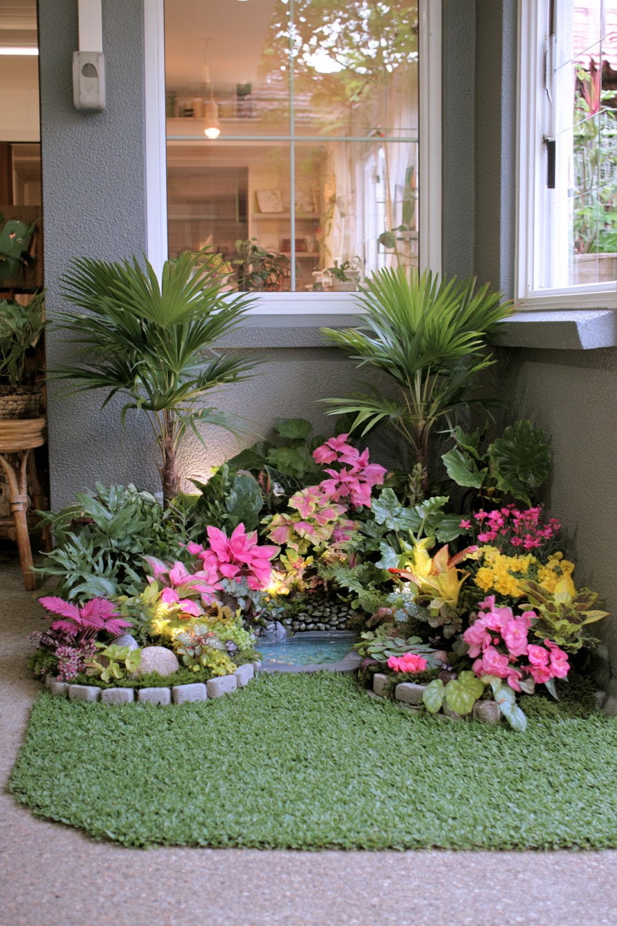 Compact tropical water feature placed beside a patio planting bed