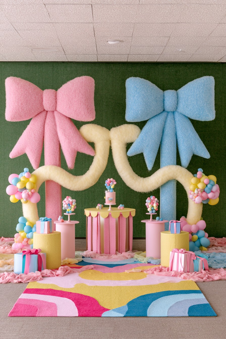 Oversized pink and blue bow gender reveal display with gift boxes and dessert stands