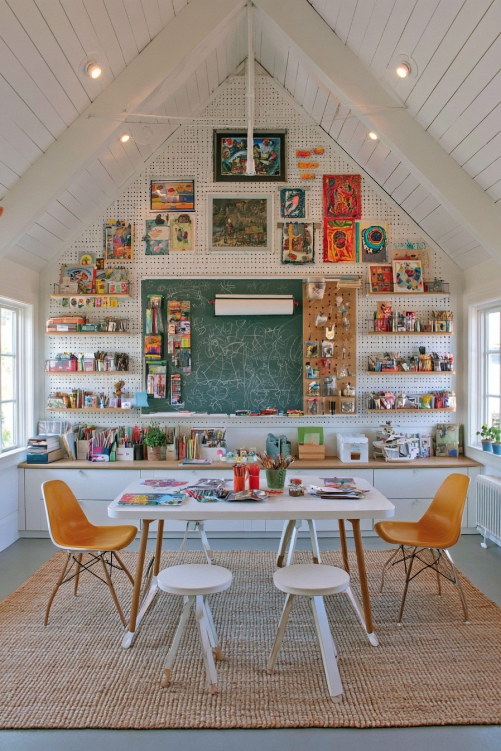 Children's attic art wall with a washable creative work area