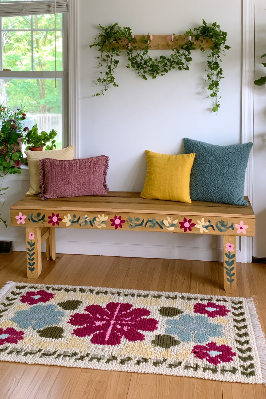 Natural wood bench decorated with small hand painted floral motifs