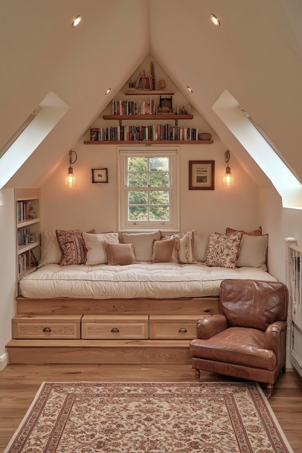 Raised reading platform fitted beneath an attic roof slope