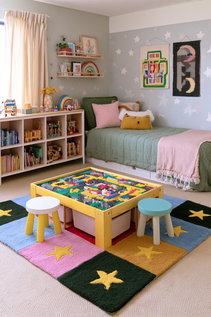 Low yellow building block table with storage underneath, two round stools, and a star patterned rug