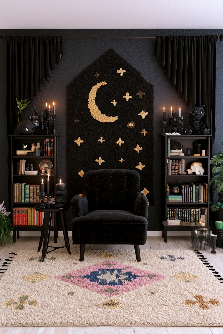 Black armchair between two bookcases beneath a pointed moon and star wall textile, with a pale patterned rug