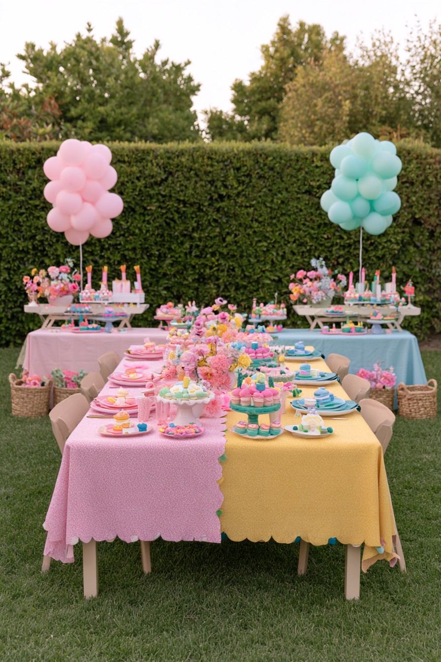 Pastel garden gender reveal dining table with colorful place settings flowers and desserts