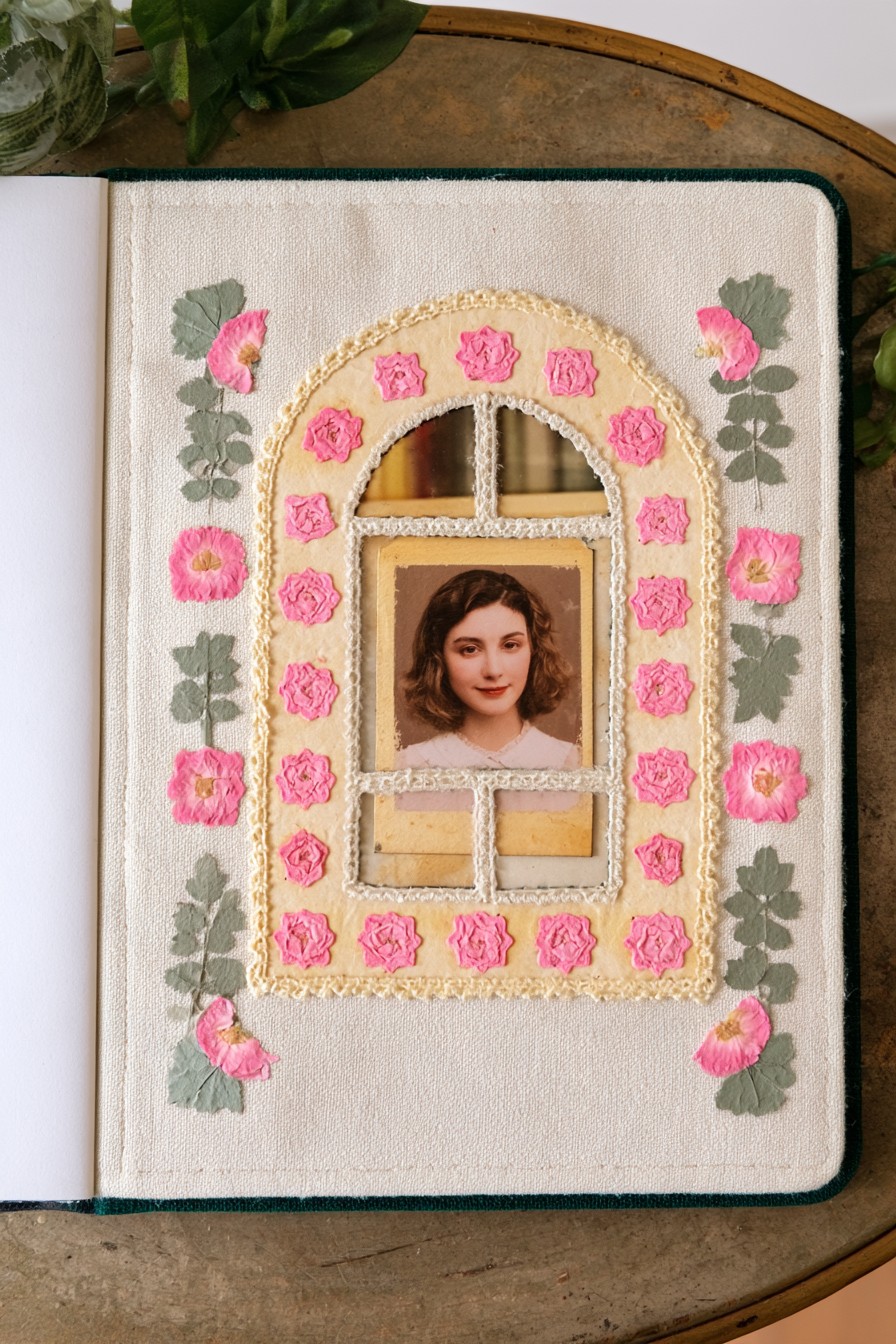 Floral arch portrait with pressed rose details