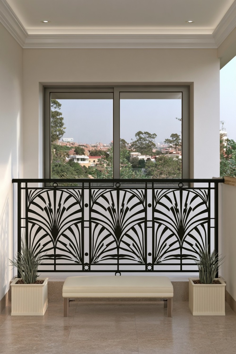 Art Deco inspired balcony railing with repeated metal fan motifs