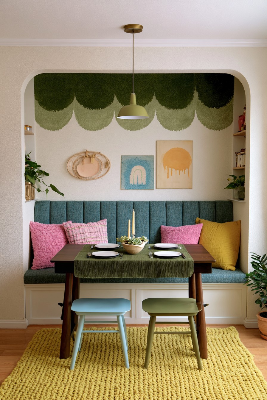 Forest green and sage scalloped painted border in a dining alcove