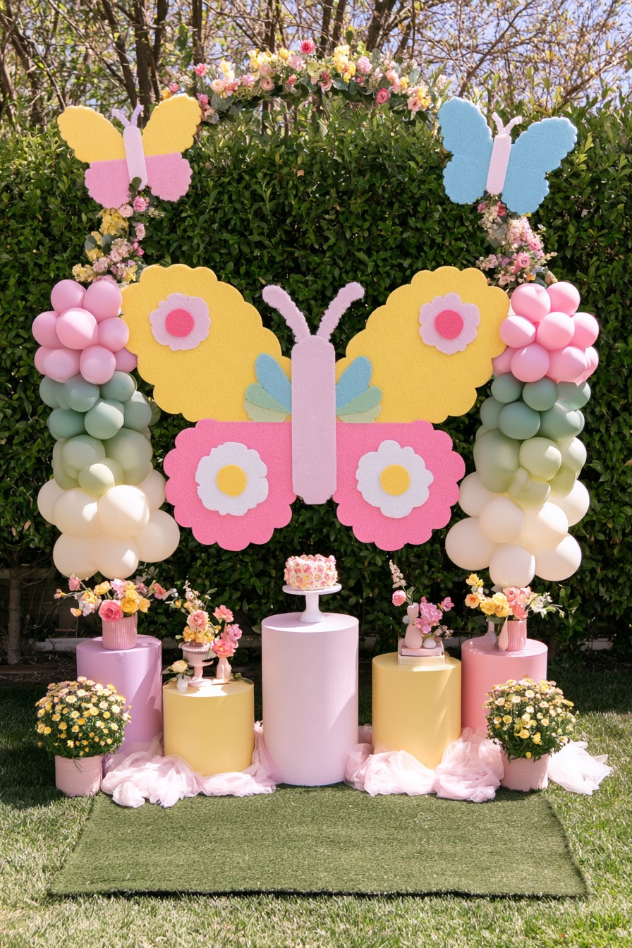 Butterfly garden first birthday party display
