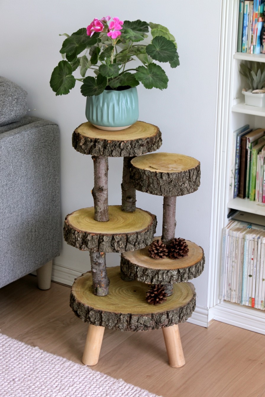 Tiered plant stand built from wood slices and sturdy branch supports