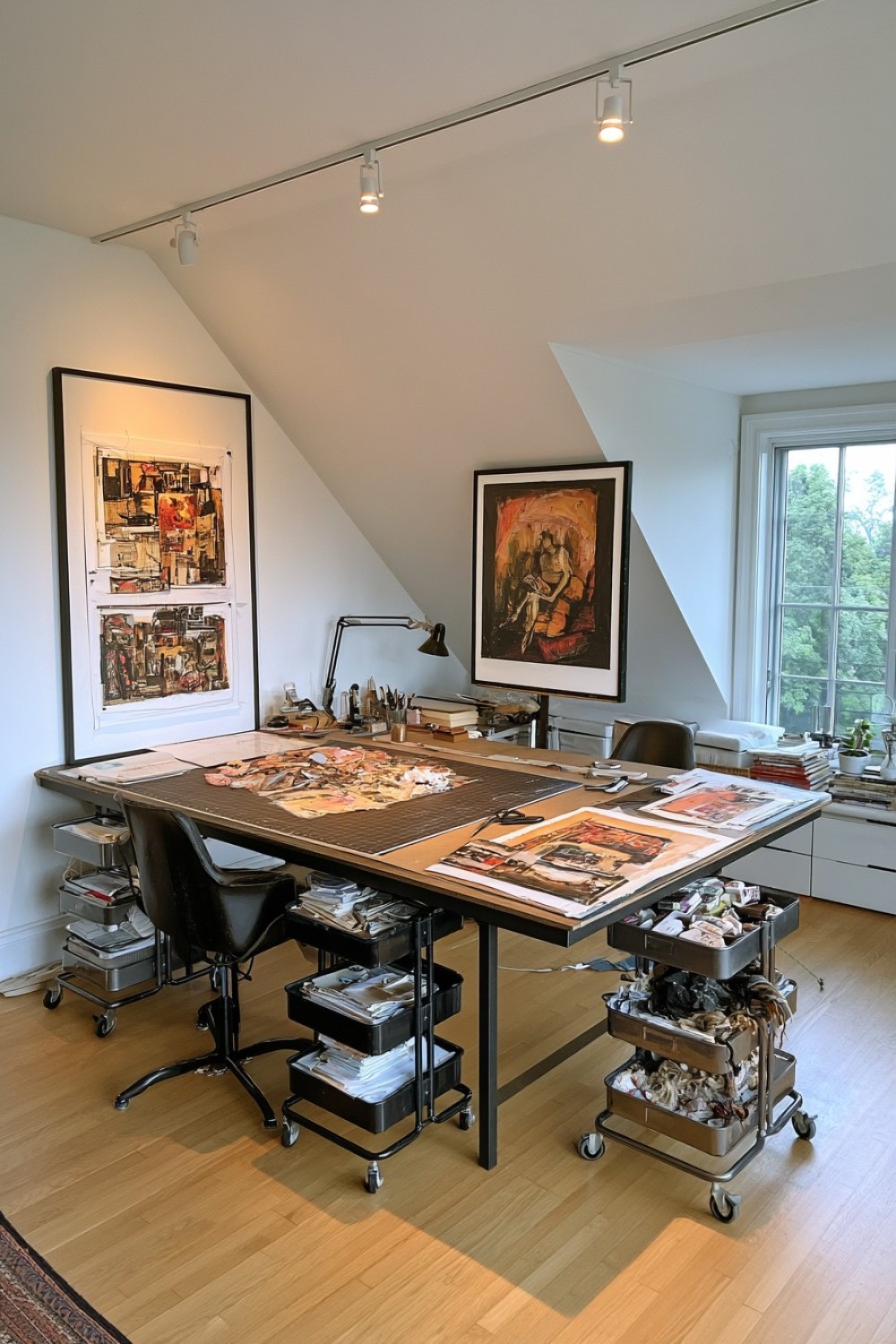 Attic mixed-media workshop with flexible rolling stations