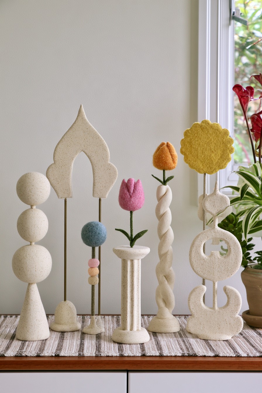 Collection of sculptural air dry clay finials and ornaments