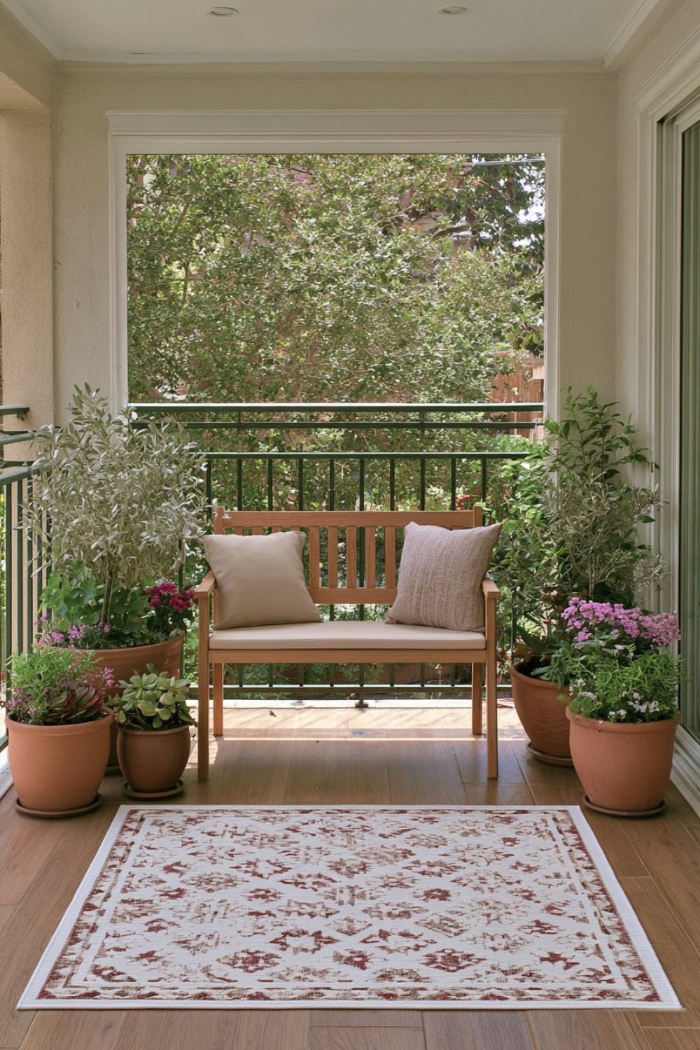 Earthy balcony styled with terracotta planters and sand tones