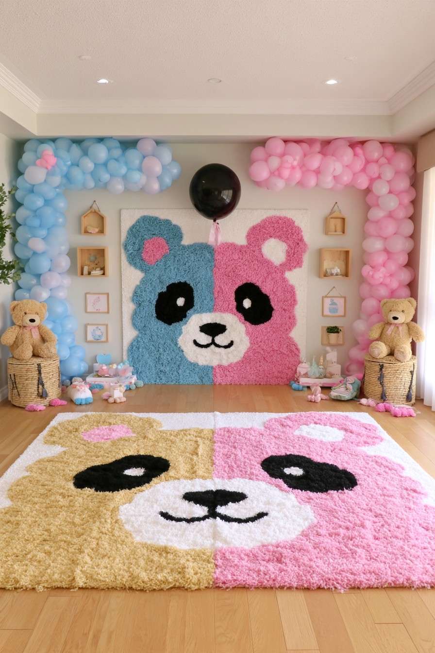 Pink and blue teddy bear gender reveal backdrop with balloons and woven baskets