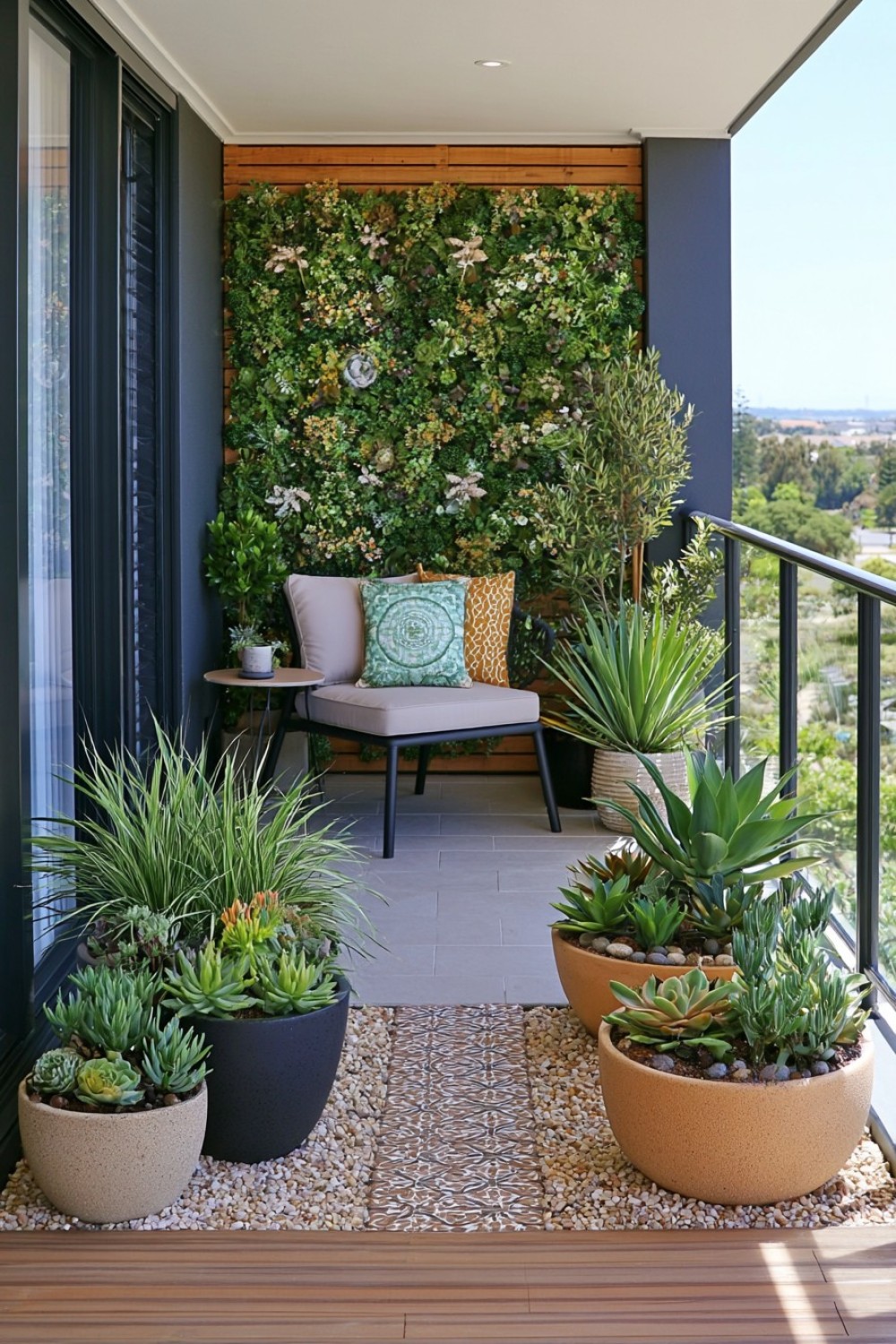 Climbing plants trained around a balcony doorway