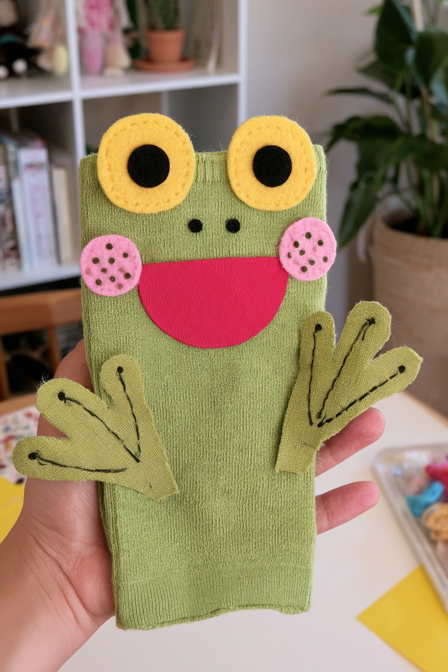 Green frog sock character with raised yellow eyes, a flat pink smile and side arms