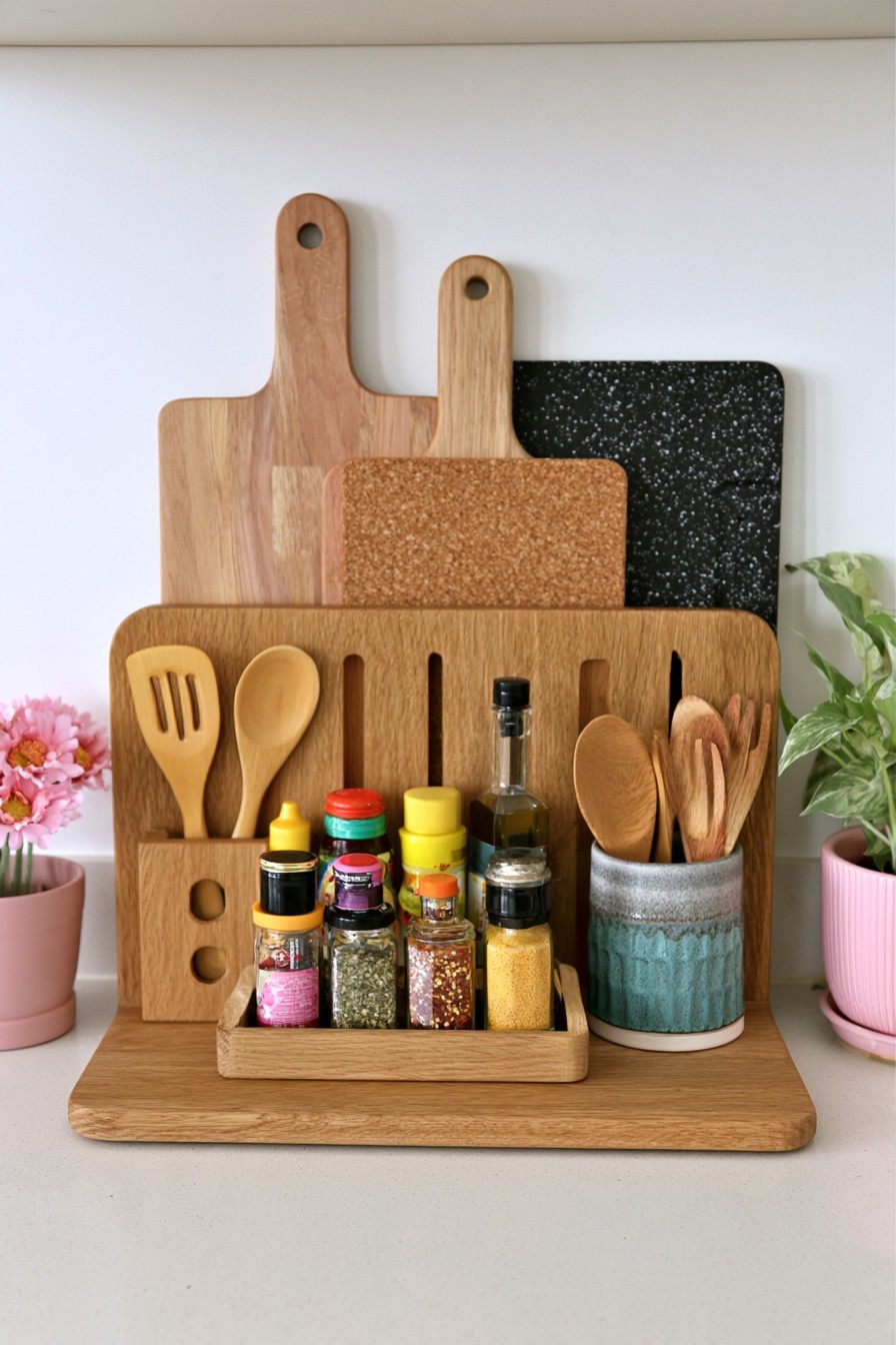 Wooden kitchen organizer storing cutting boards and spices