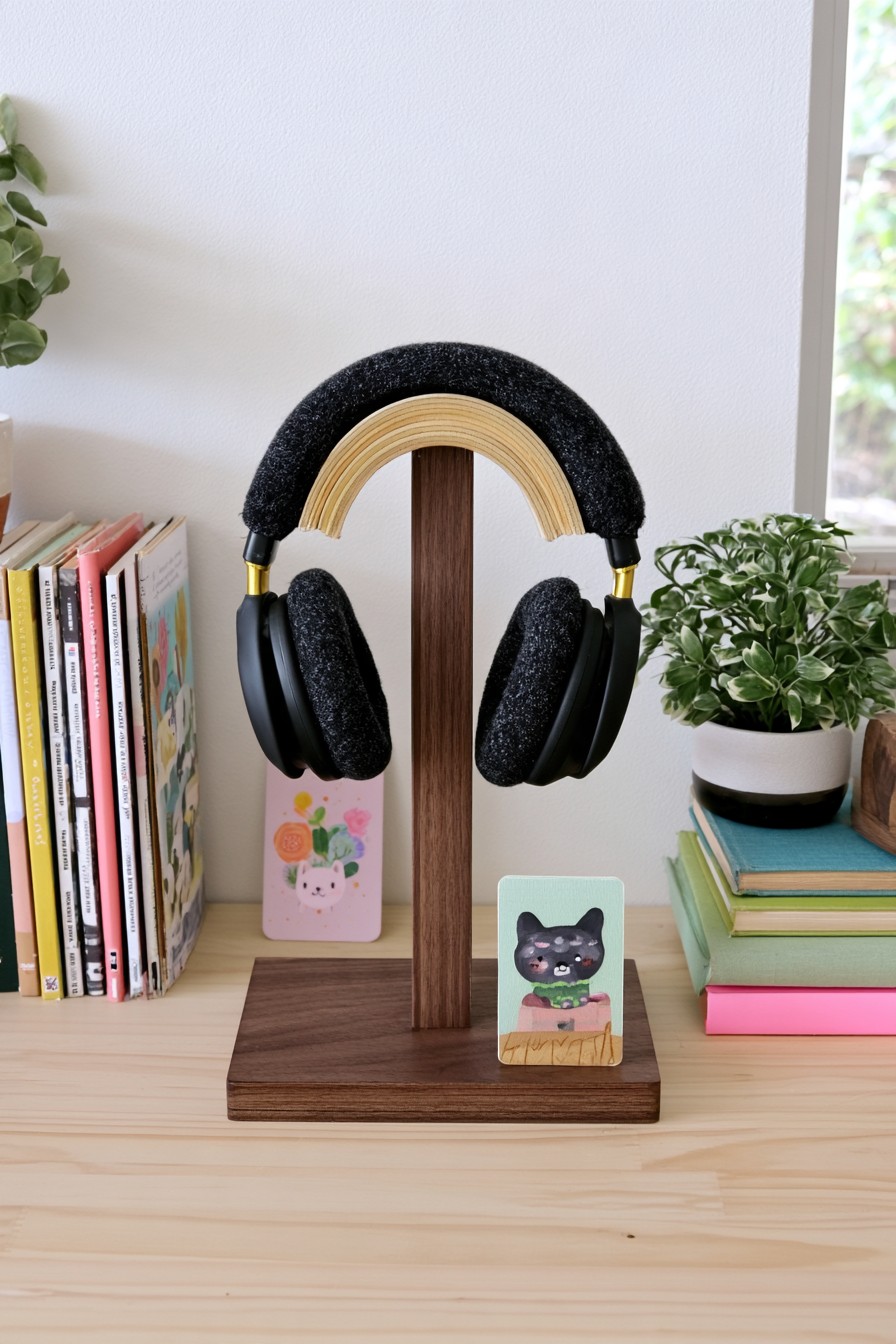 Wooden headphone stand with a curved upper support