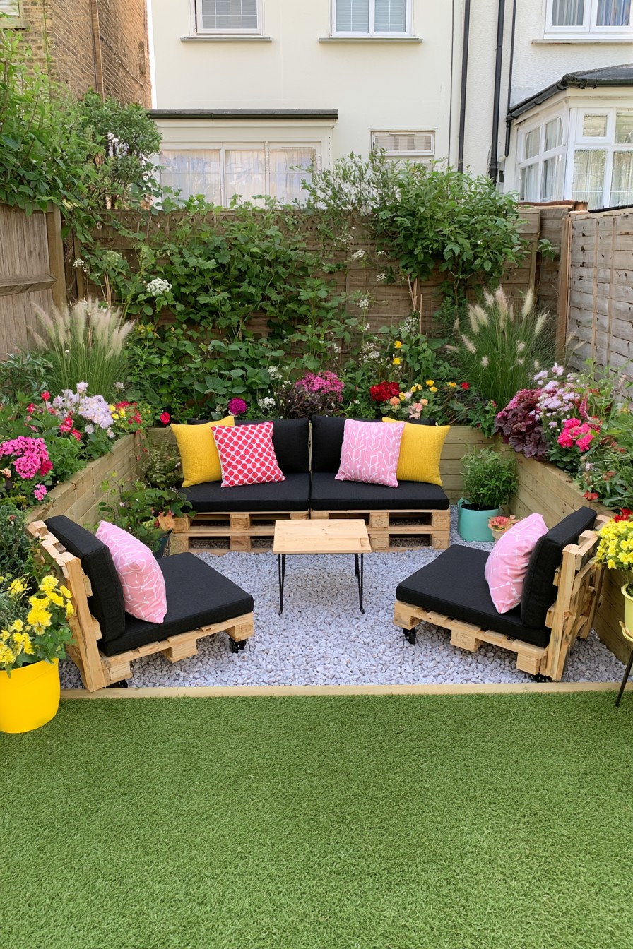 Bordered gravel garden lounge with a pallet sofa and two separate armchairs