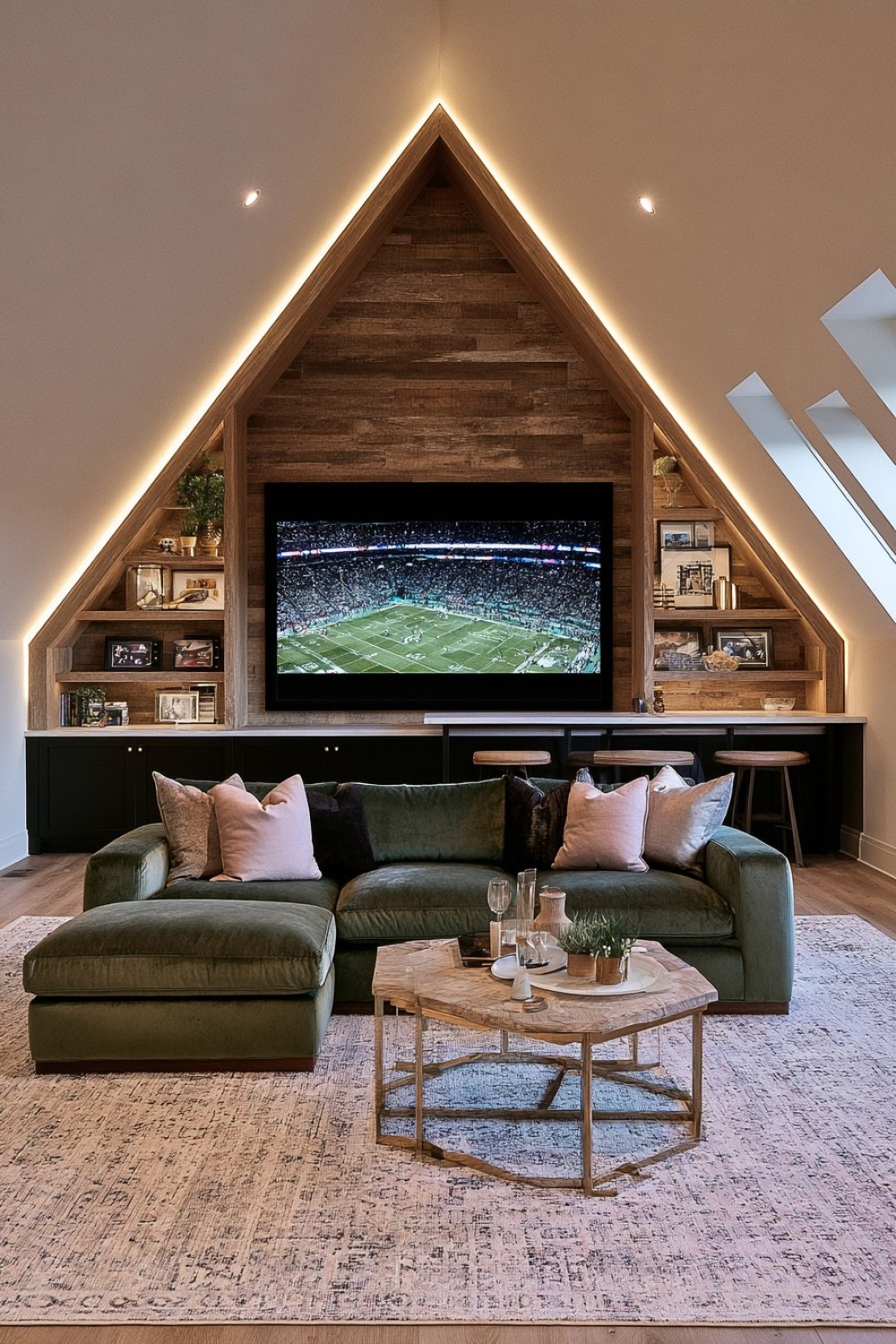 Attic sports-viewing room arranged with two social zones