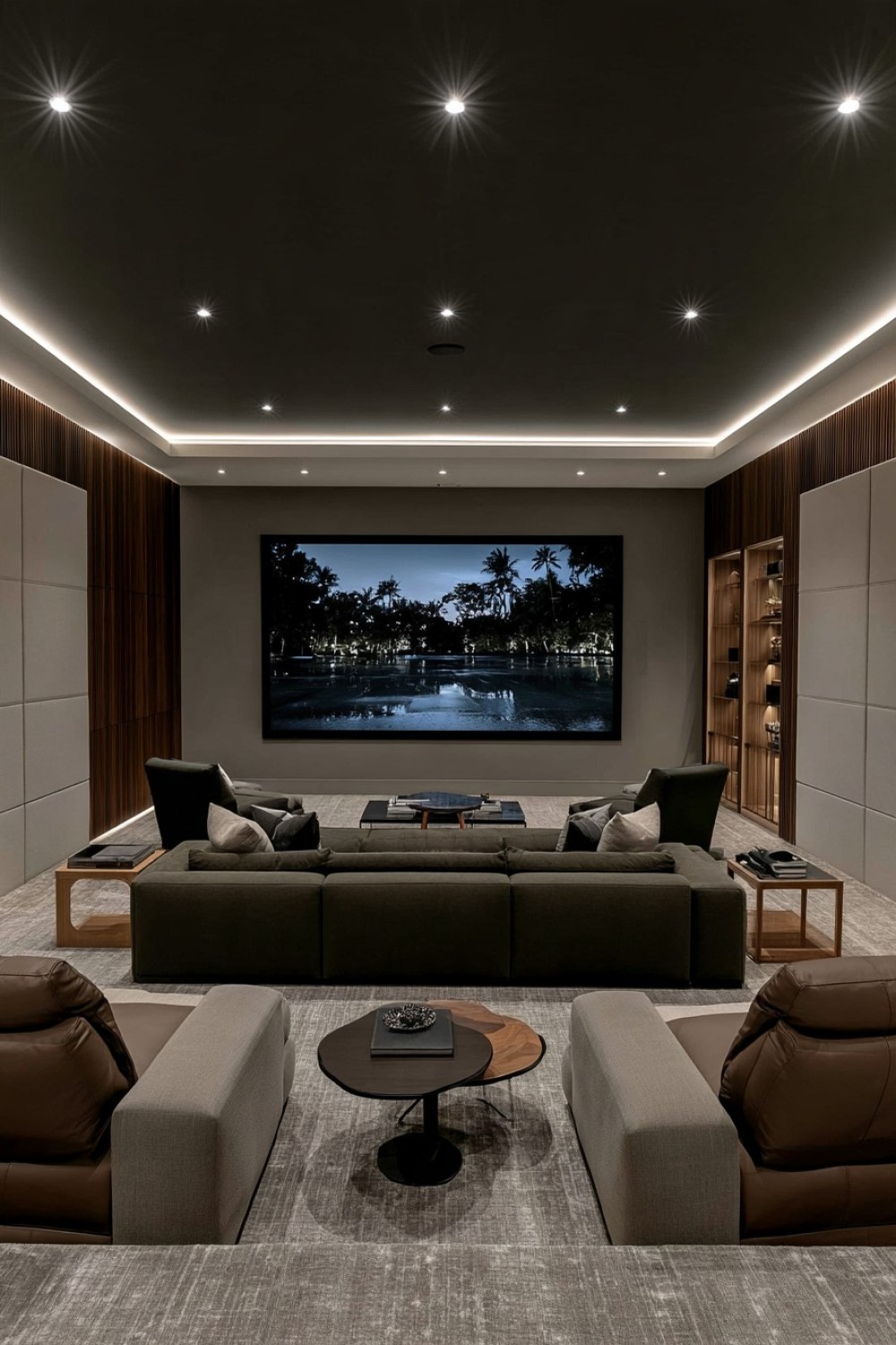 Soft contemporary basement theater with an earthy color palette