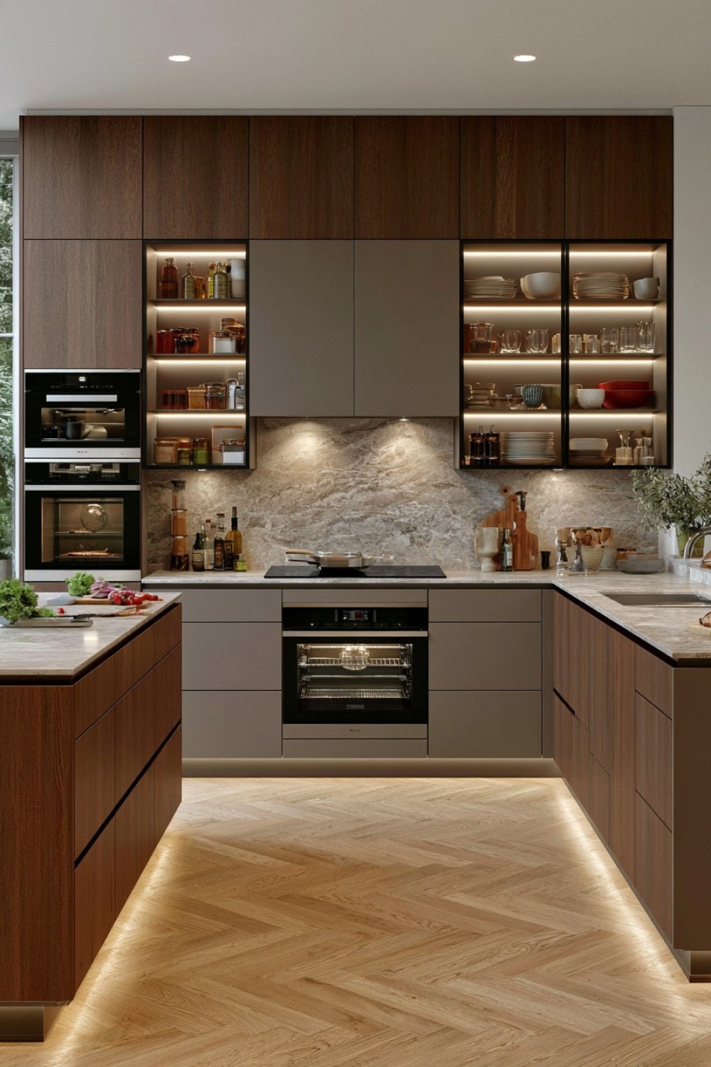 Main kitchen counter arranged as an organized food preparation station