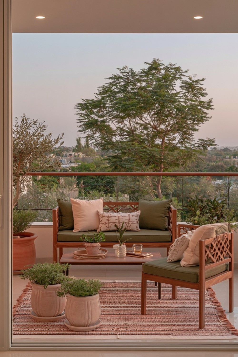 Mediterranean inspired balcony with white finishes and olive green accents