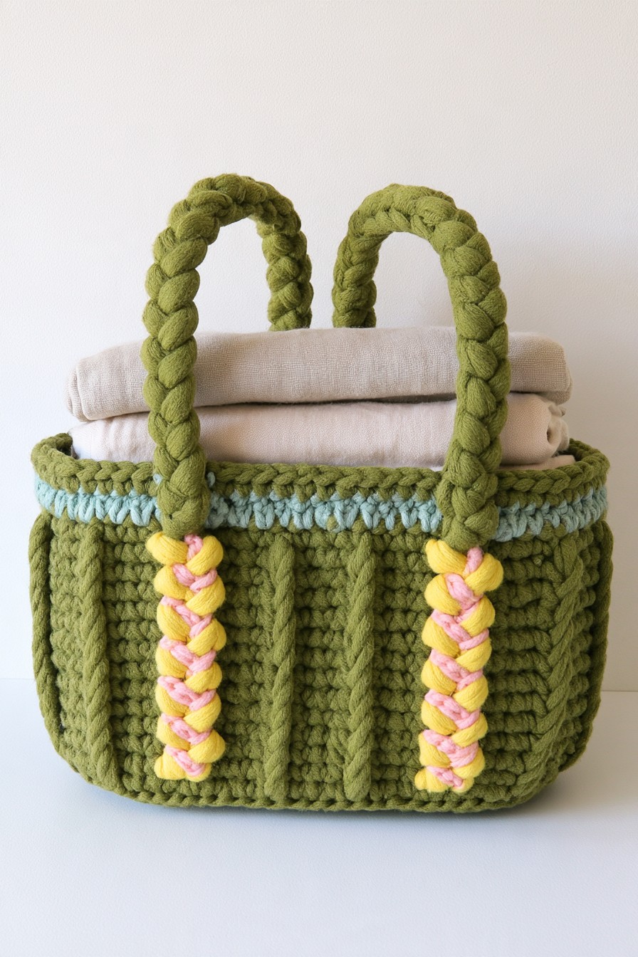 Chunky olive green crochet storage tote with braided handles