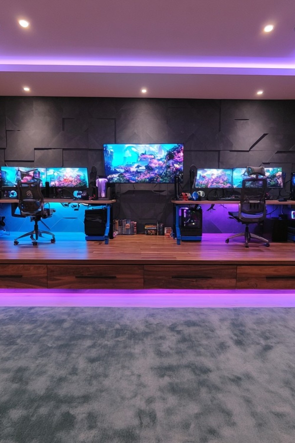 Shared gaming zone defined with lighting and a large rug