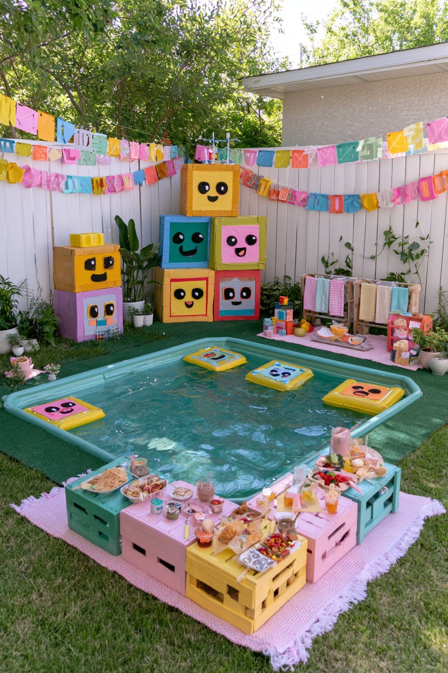 Building-block-themed pool with stacked colorful character boxes and square floating toys