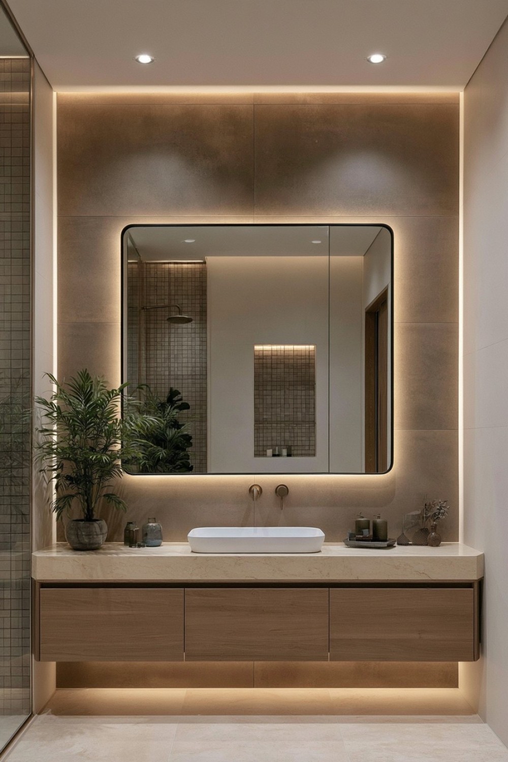 Contemporary bathroom softened with muted terracotta surfaces