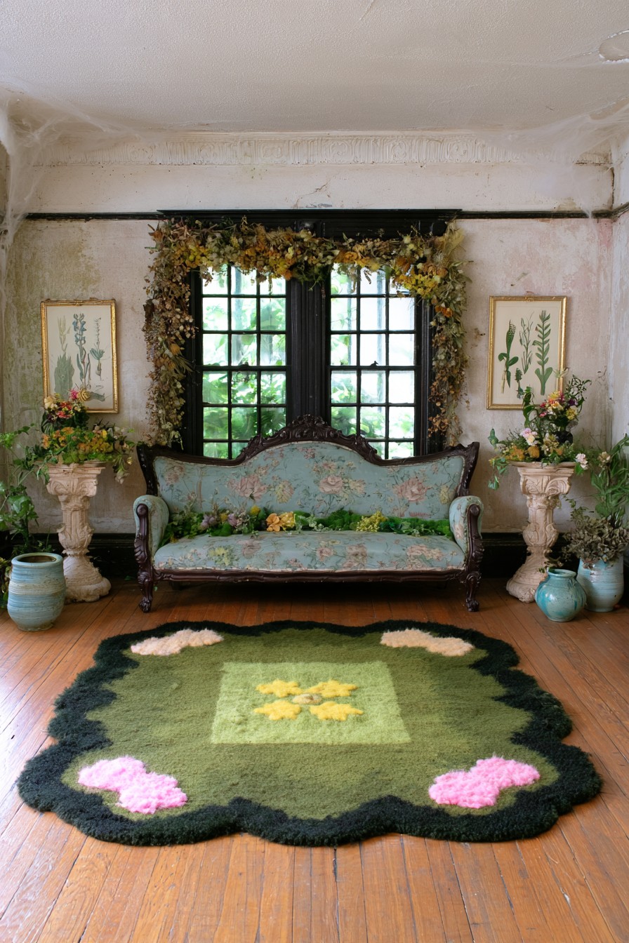 Pale botanical room with a blue floral settee, dark framed windows, foliage, and a scalloped green rug